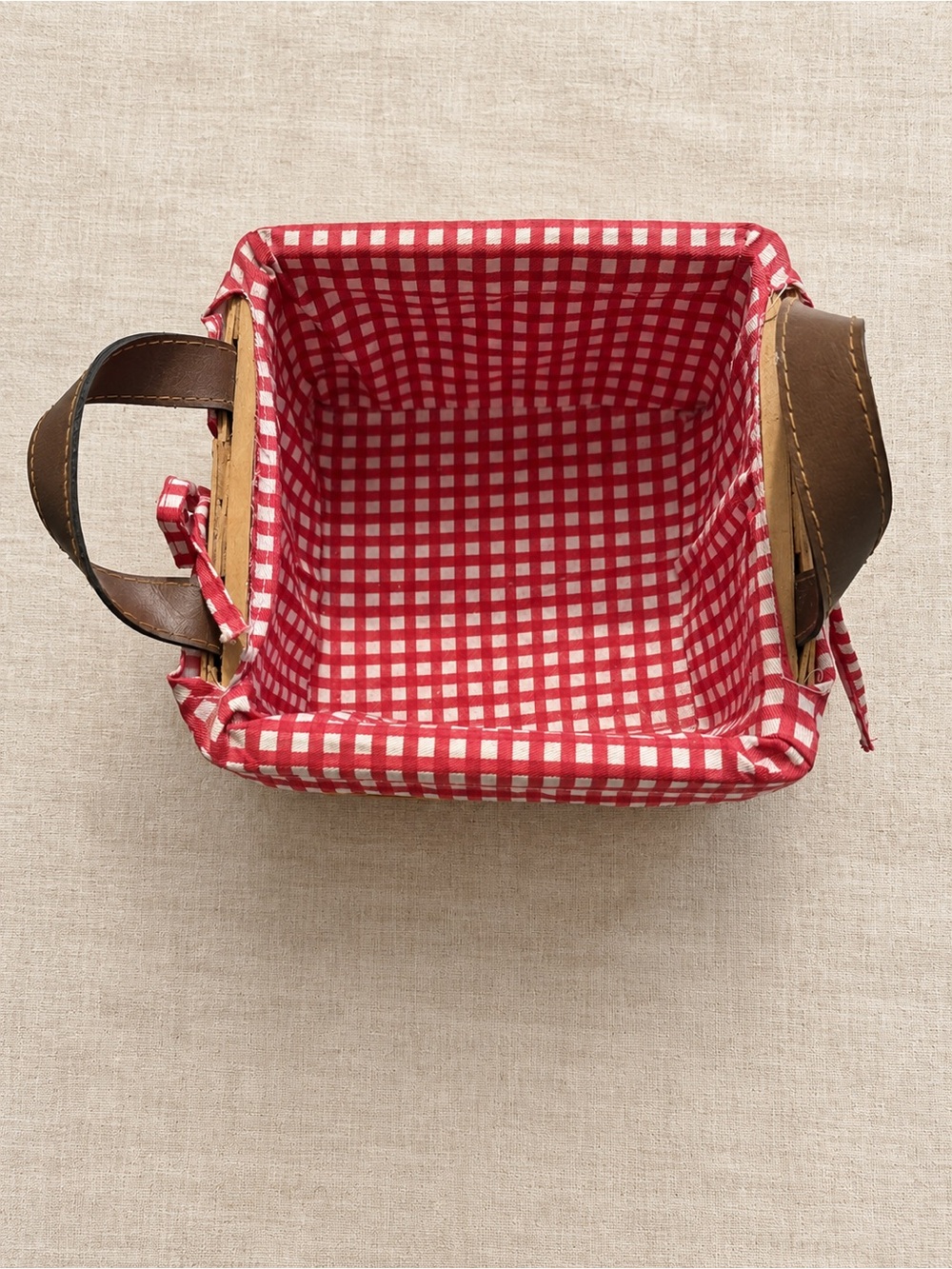 Red Gingham Tote Basket Bag with Brown Handles